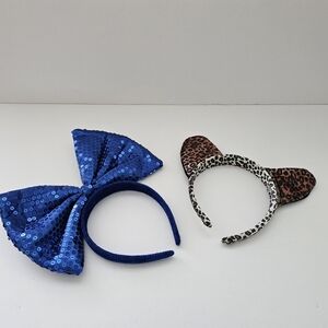 Blue Sequin Bow and Leopard Print Cat Ear Headbands